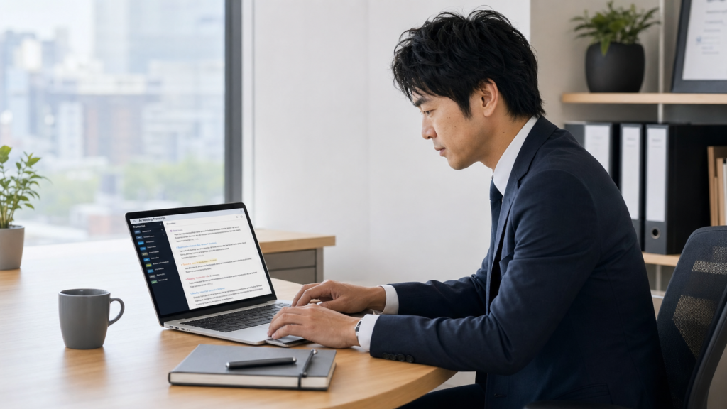 AIが生成した文字起こしをノートパソコンで確認・編集するビジネスパーソン