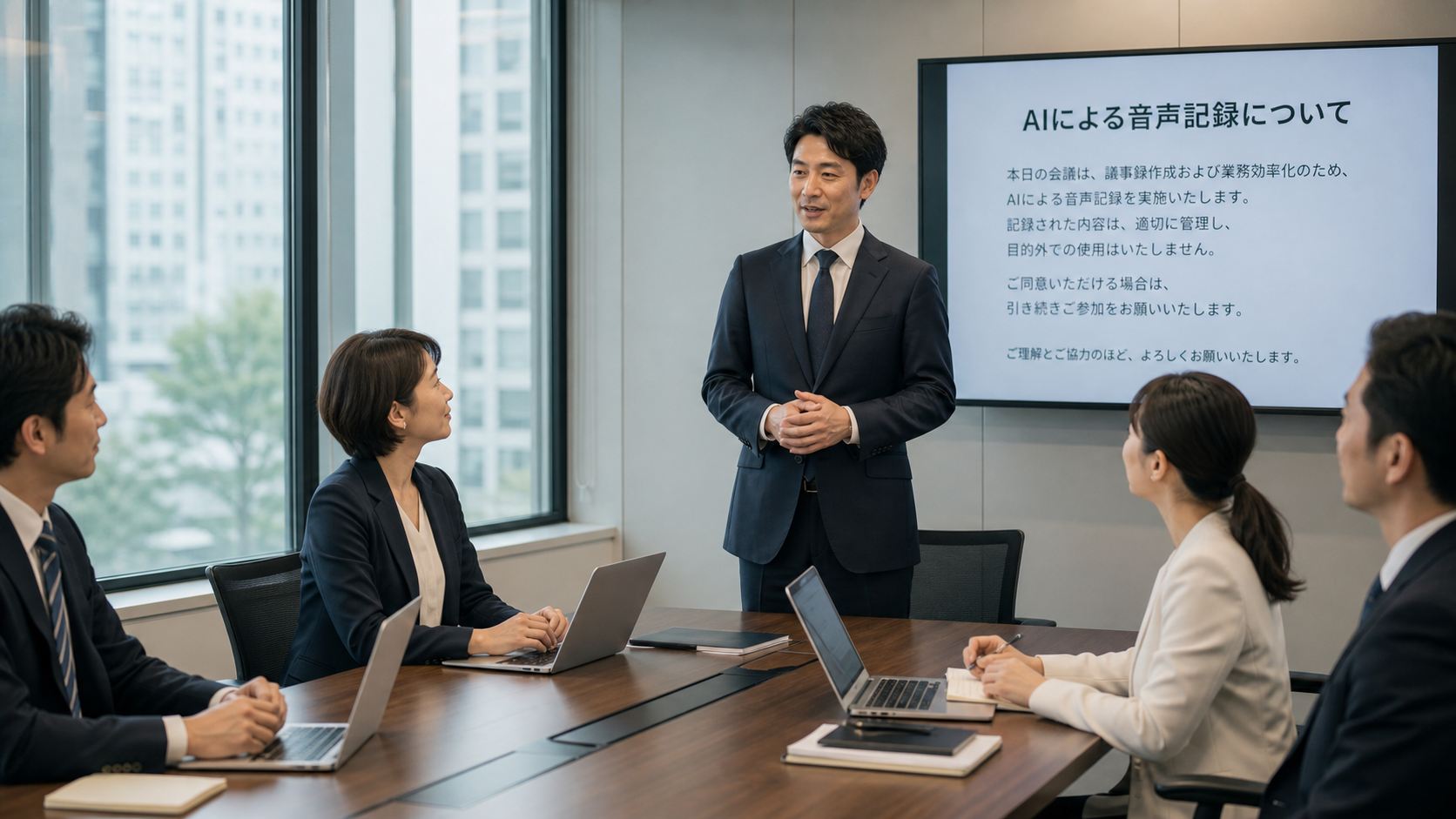 会議冒頭でAI音声記録について参加者に説明するビジネスパーソン