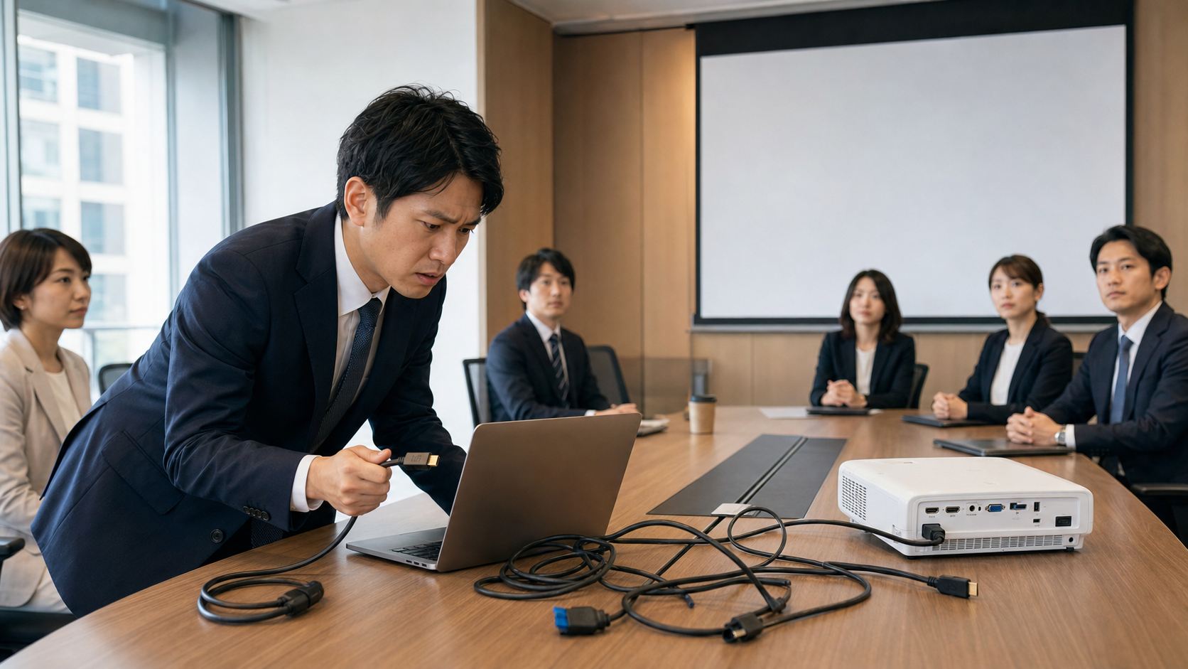 会議室で機材トラブルに直面するビジネスパーソン