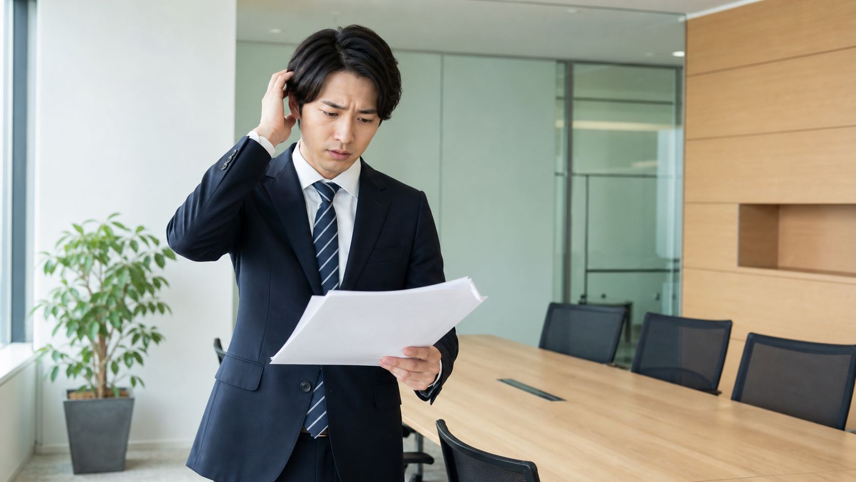 貸し会議室で困った表情のビジネスパーソン