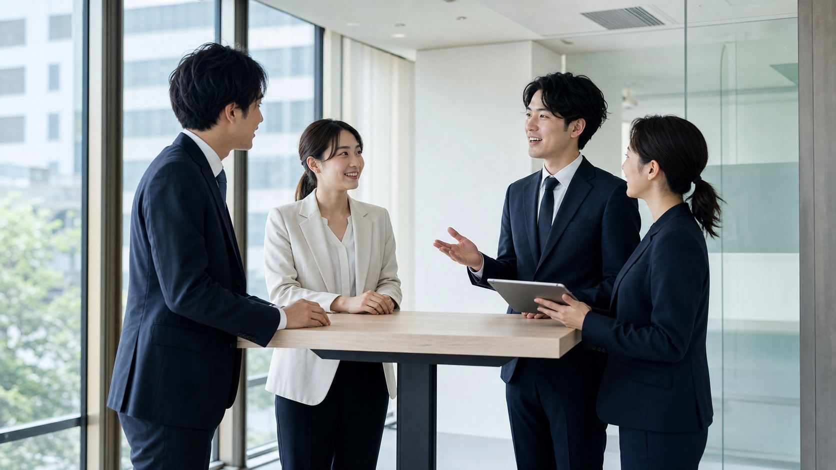 オフィスでスタンディングミーティングをするビジネスチーム