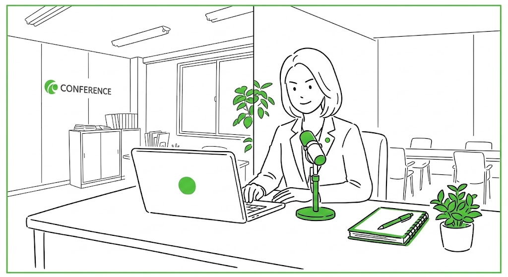 ウェビナーを行う女性のイラスト