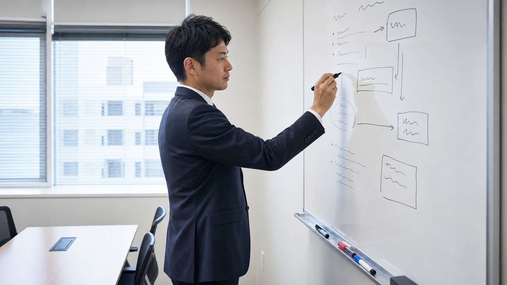会議室のホワイトボードにアジェンダを書き出す準備風景