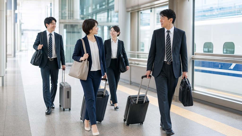 新幹線で東京へ到着したビジネスパーソン